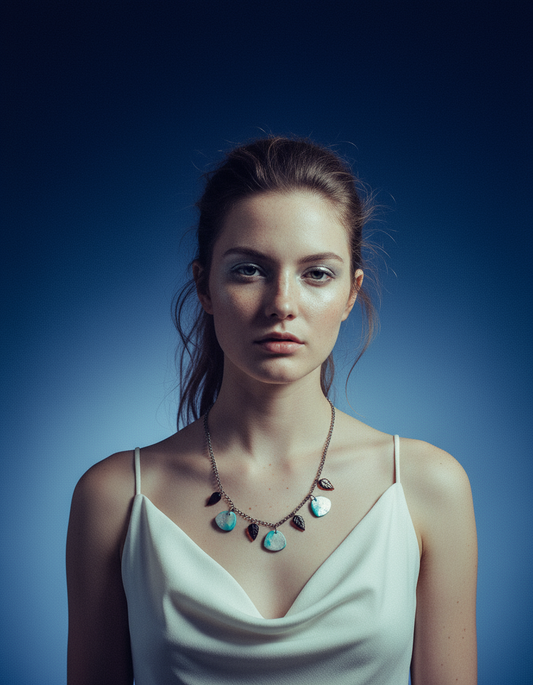 Minimalist Beaded Necklace Icy Blue & Silver with Brown Glass Leaves