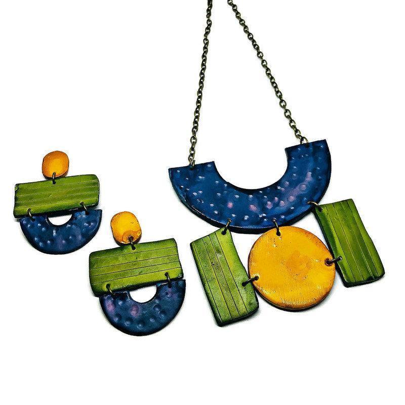 Geometric Jewelry Set with Statement Necklace & Large Earrings