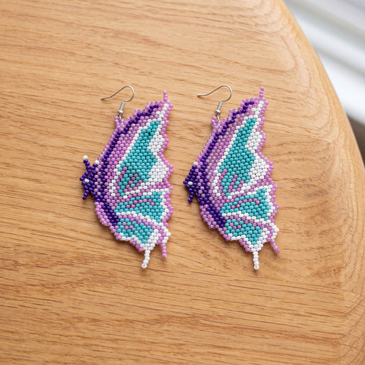 Butterfly Wing Beaded Dangle Earrings — Purple, Gold & Pink