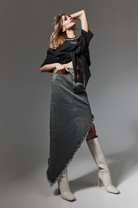 Asymmetric Frayed Denim Skirt