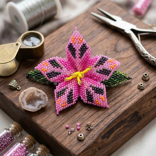 Pink Ember Bloom Beaded Hair Barrette