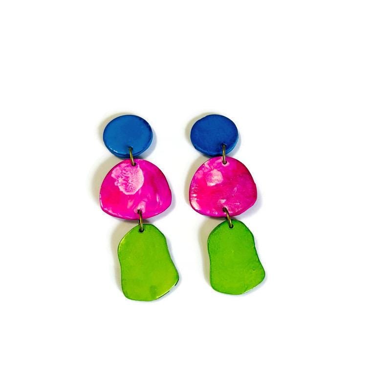 Long Statement Earrings, Bright Colorful Drop Dangles or Clip Ons