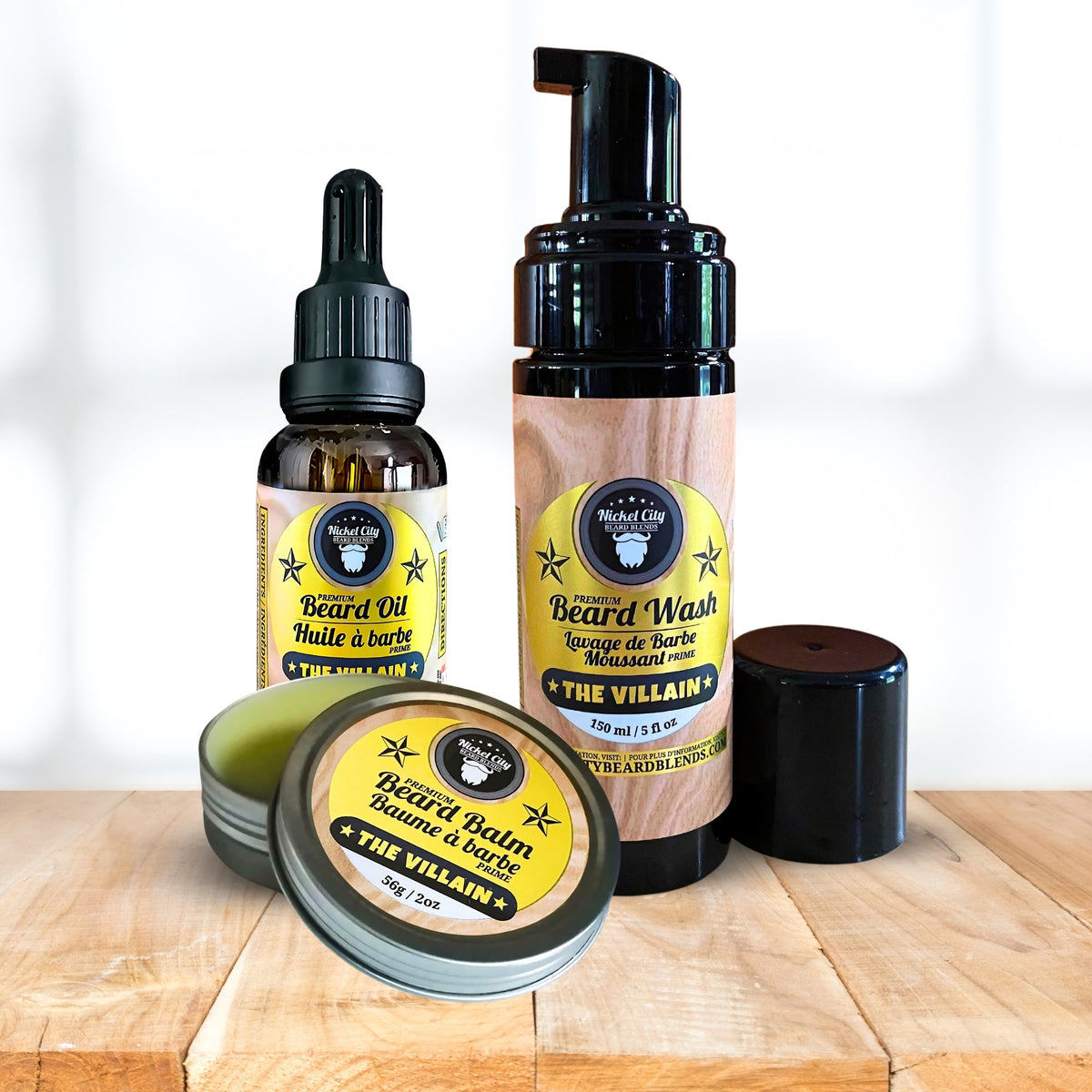 The Villain Trinity Bundle (3-Piece Beard Care Set: Oil, Balm & Wash) | Spiced Tobacco, Fresh Leather, Cognac & Bourbon with Creamy Vanilla | Handcrafted in Canada