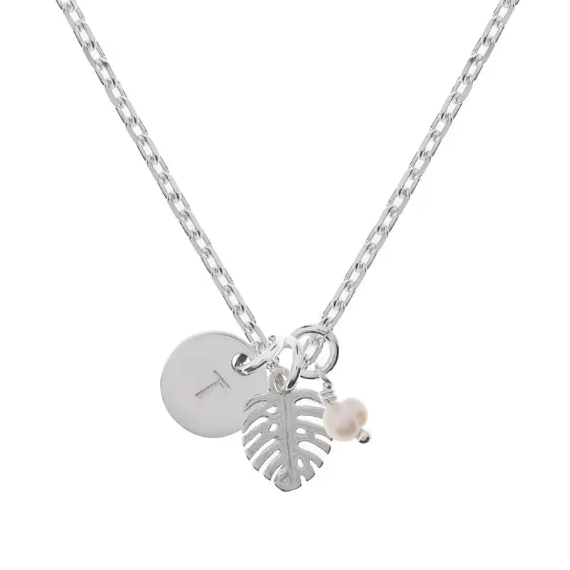Monstera Initial Pearl Necklace