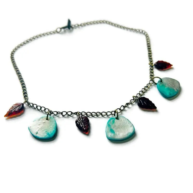 Minimalist Beaded Necklace Icy Blue & Silver with Brown Glass Leaves