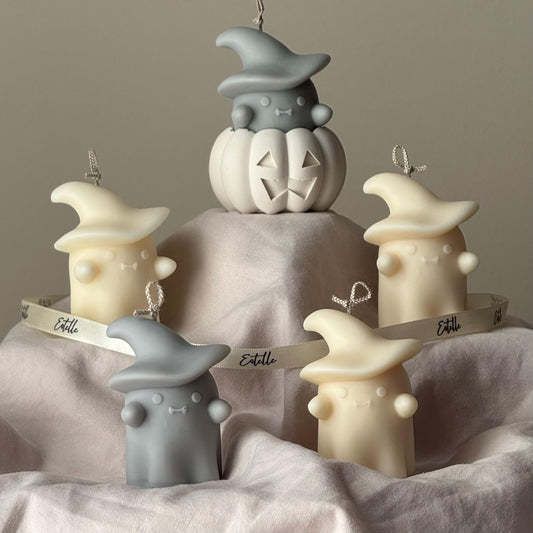 Halloween Ghosts Candle in Jesmonite Pumpkin: Hand-Poured Soy Wax Sculptural Candles