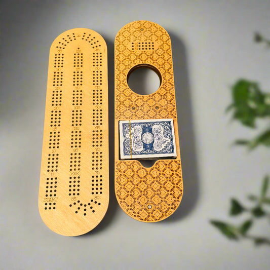 Oblong Cribbage Board with Removable Lid – 3 Player with Scoring Panel (15” x 4”)