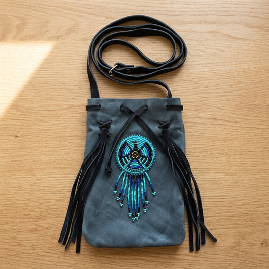 Beaded Suede Phone Pouch ~ Blue