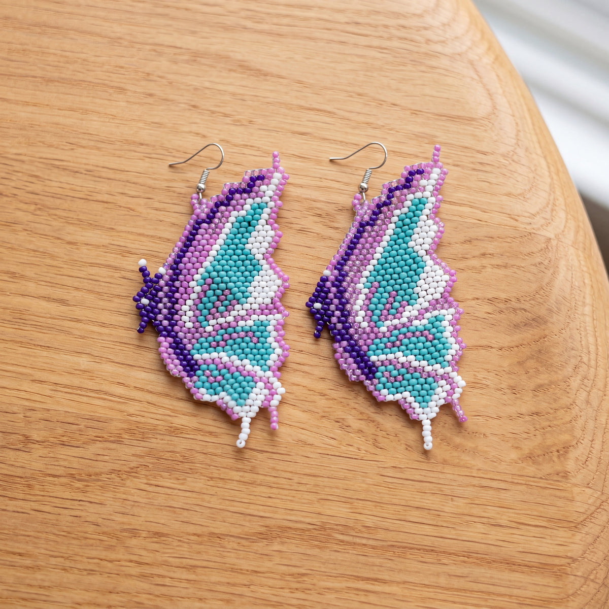 Butterfly Wing Beaded Dangle Earrings — Purple, Gold & Pink