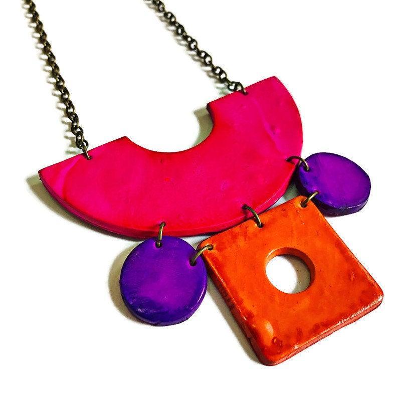 Retro Jewelry Set | Chunky Statement Necklace & Earrings in Neon Pink, Purple & Orange