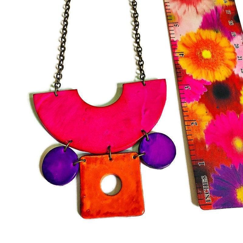 Retro Jewelry Set | Chunky Statement Necklace & Earrings in Neon Pink, Purple & Orange