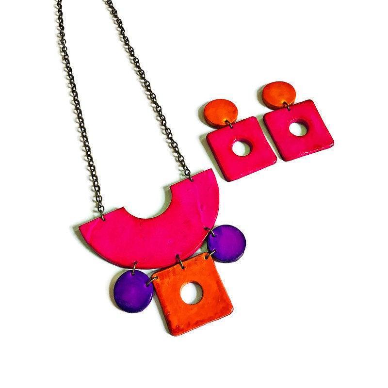 Geometric Statement Jewelry Set in Hot Pink, Purple Orange