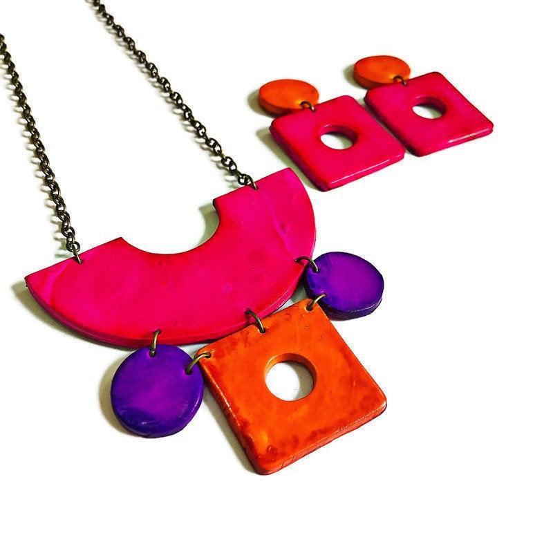Retro Jewelry Set | Chunky Statement Necklace & Earrings in Neon Pink, Purple & Orange